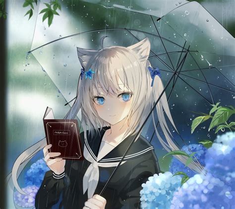Wallpaper Anime Girl Raining Umbrella Animal Ears Blue