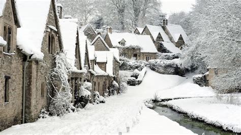 Snow England Winter Bibury England Town Stream