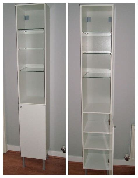 White High Cabinet Tall Slim Bathroom Storage With Glass Shelves