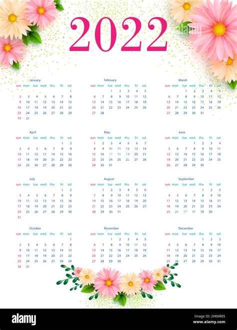 Calendar 2022 With Bright Floral Designs Template Vector Stock Vector