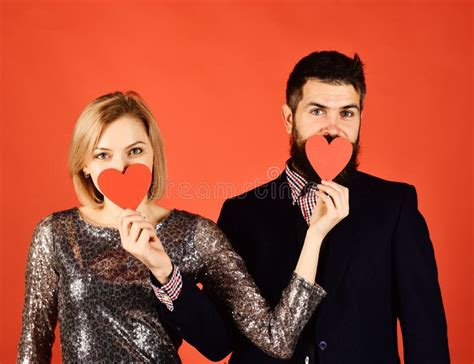 Boyfriend And Girlfriend Have Date Couple In Love Holds Hearts Stock