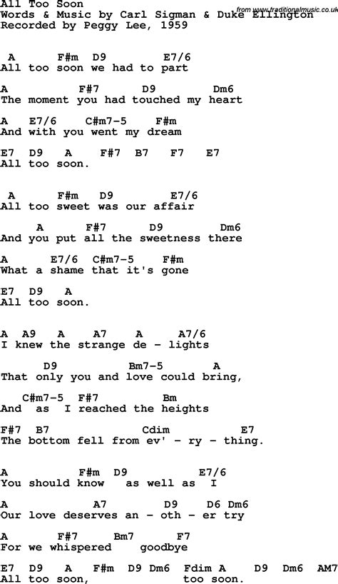 Song Lyrics With Guitar Chords For All Too Soon Peggy Lee 1959