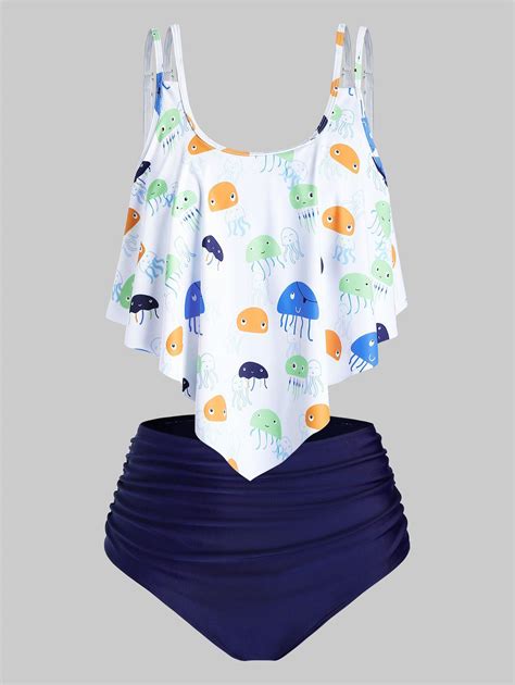 31 Off 2021 Plus Size Jellyfish Print Overlay Ruched Tankini