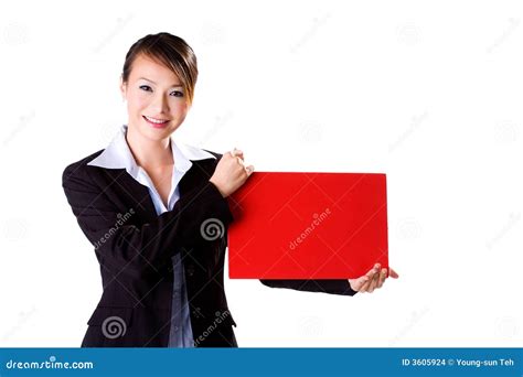 Happy Business Woman Holding A Red Card Stock Photo Image Of