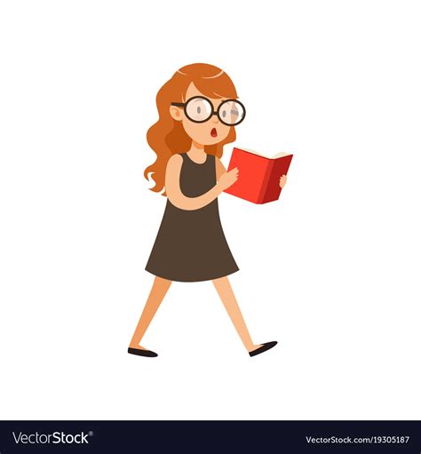 Cute Nerd Girl Walking And Reading Book Pupil Vector Image