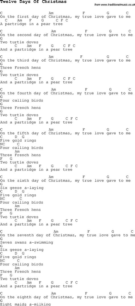 Christmas Carolsong Lyrics With Chords For Twelve Days Of Christmas