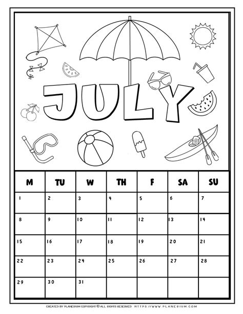 Coloring Calendar July Planerium