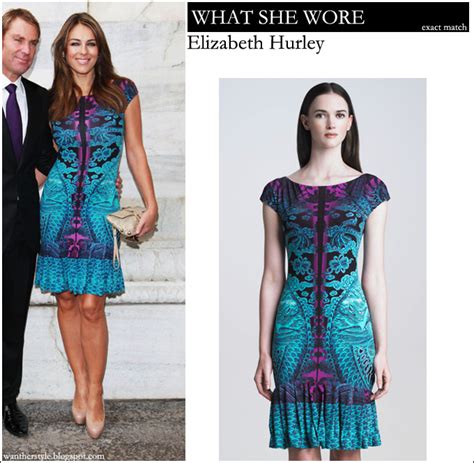 What She Wore Elizabeth Hurley In Teal And Purple Dragon Print Ruffle
