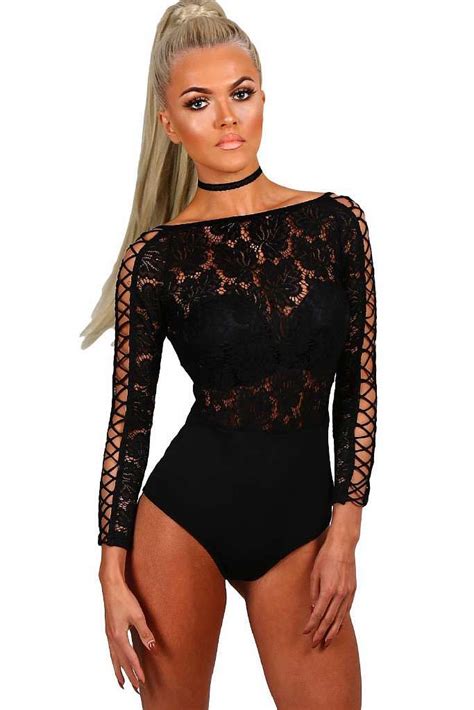 Black Lace Lattice Sleeve Bodysuit Womens Online Store Black Lace