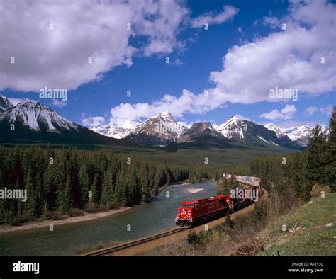 Bow River Freight Train At Morant S Curve In Banff National Park In