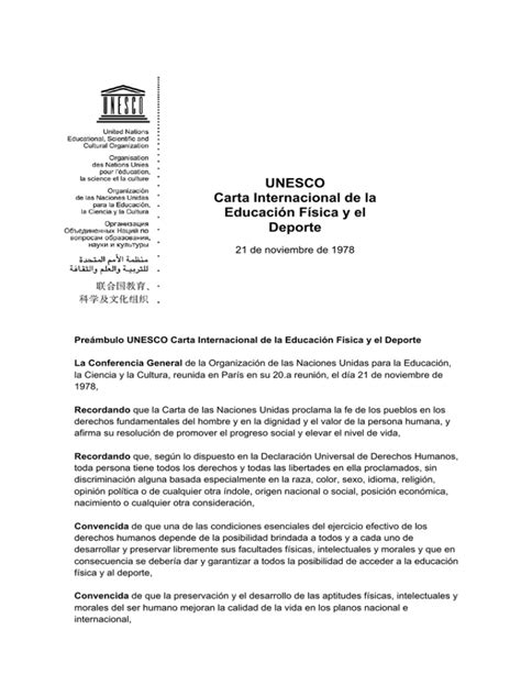 UNESCO Carta Internacional De La Educaci N F Sica Y El Deporte Pdf