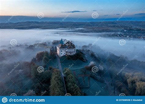 Aerial View Of The Olesko Castle A Very Beautiful Castle In Foggy Dark