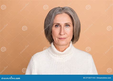 Portrait Photo Of Mature Aged Pensioner Attractive Woman Wear Stylish White Turtleneck Confident