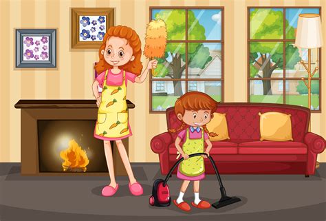 Mother And Daughter Cleaning House 359538 Vector Art At Vecteezy