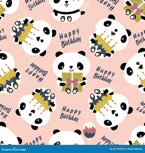 Kawaii Panda Happy Birthday Text Vector Seamless Pattern Background