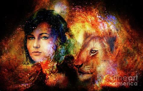 Young Woman And Lion Cub In Cosmic Space Crackle Effect Painting By