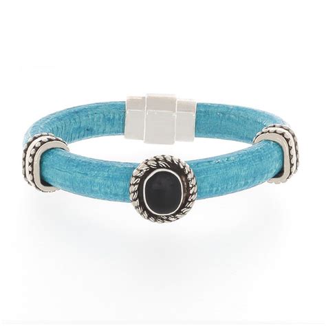 Turquoise Leather Bracelet With Silver And An Onyx Slider Finesse