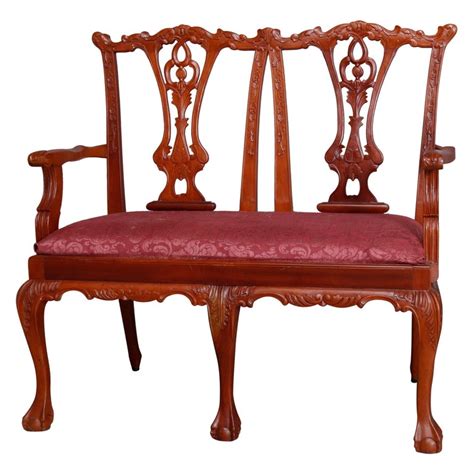 Vintage Chippendale Style Carved Mahogany Ribbon Back Settee 20th