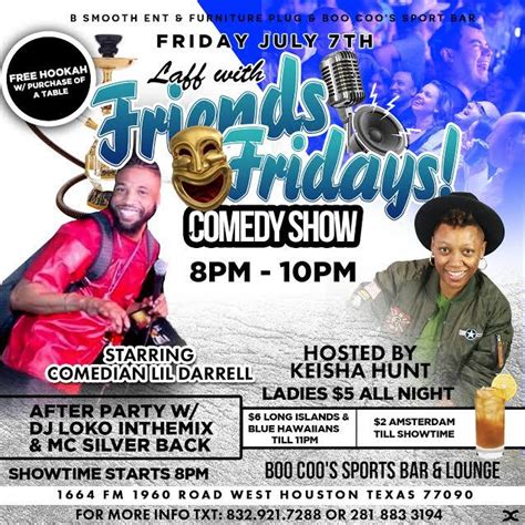 laff with friends fridays comedy show boo coo s sports bar and lounge tickets in houston tx
