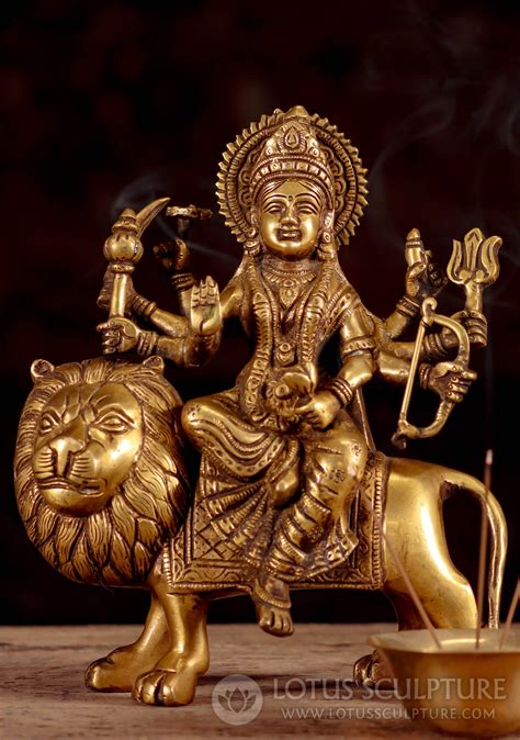 Brass Hindu Goddess Durga Statue Seated On Her Vahana A Lion With 8