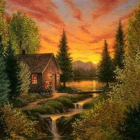 Cabin On The River Landscape Paintings Oil Painting Landscape