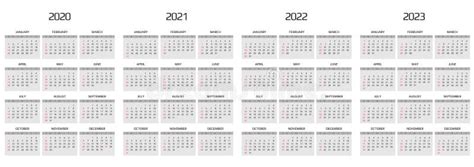 Calendar 2020 2021 2022 2023 Template 12 Months Include Holiday