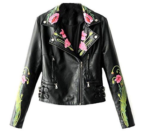 Aprilley Women Faux Leather Motorcycle Floral Embroidery Jacket Outwear Black M Red Leather