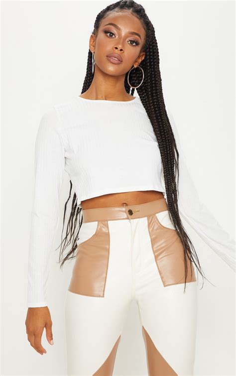 Cream Long Sleeve Ribbed Crop Top Tops Prettylittlething