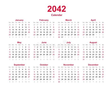 Calendar 2042 12 Months Yearly Vector Calendar In Year 2042