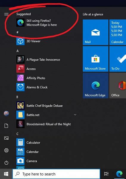 Microsoft Windows 10 Başlat Menüsünde Edge Tarayıcısının Reklamını