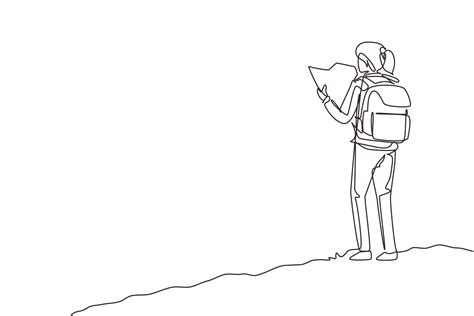Continuous One Line Drawing Woman Hiker With Backpack And Map Hiking In