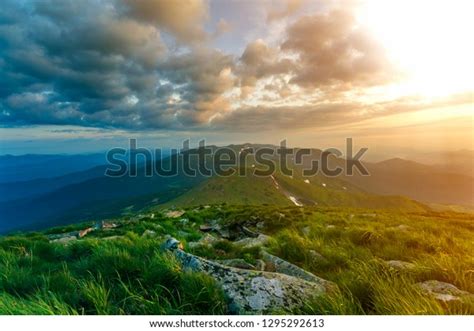 Wide Summer Mountain View Sunrise Glowing Stock Photo 1295292613