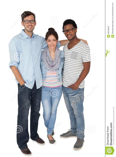 Full Length Portrait Of Three Happy Young People Stock Photo Image Of