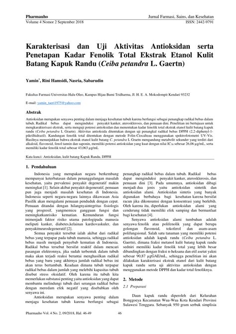 Pdf Penetapan Kandungan Fenolik Total Dan Uji Aktivitas Antioksidan