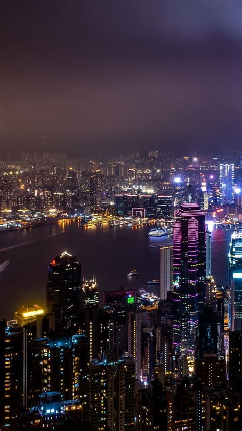 Wallpaper Hong Kong City Night View Skyscrapers Lights Sea