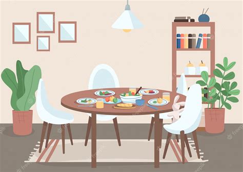 Premium Vector Dining Room Flat Color Illustration Table With Chair