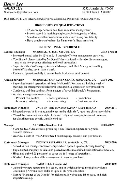 chronological resume sample restaurant supervisor job