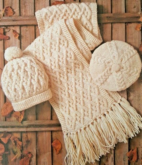 aran hat beret and scarf knitting pattern pdf for ladies etsy uk aran knitting patterns