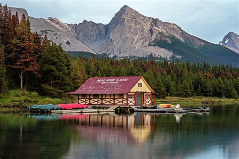 Maligne Lake Boat House And Mountain Jasper National Park Albert Canada
