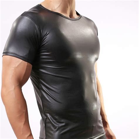 Mens Sexy Faux Leather T Shirts Male Fashion Men Black Nylon Tees Tight