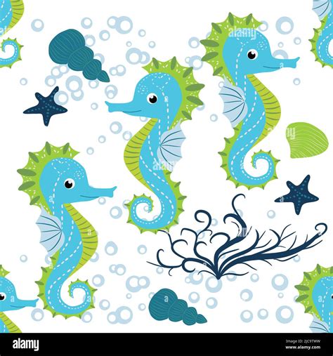 Cute Seahorses Cartoon Seamless Pattern Hand Drawn Ocean Animals