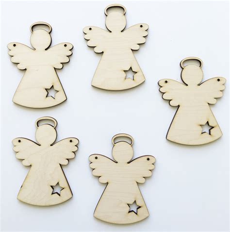Wood Angel Ornament Set Of 5 Angel Wing With Star Wood Etsy