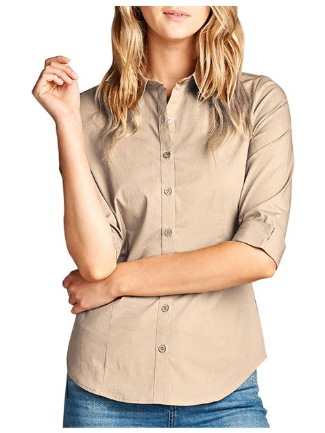 Kogmo Womens Classic Solid 3 4 Sleeve Button Down Blouse Dress Shirt