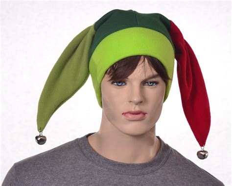 Jester Cap 3 Greens Red Patchwork Carnival Costume Two Point Harlequin