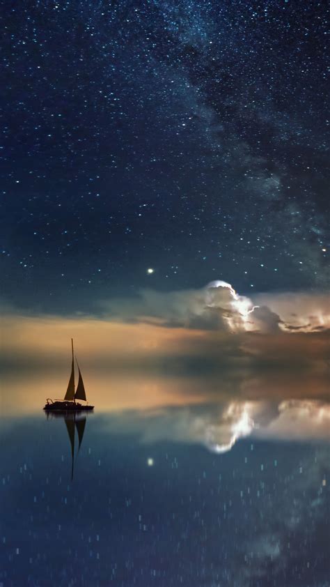 Sky Starry Sky Boat Reflection Sail Night Android Wallpapers 4k