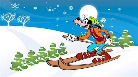 Walt Disney Cartoon Goofy Skiing Path Winter Mountain Snow Desktop Hd