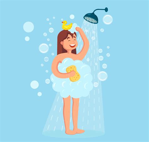 Happy Woman Taking Shower With Rubber Duck In Bathroom Wash Head Hair Body Skin With Shampoo
