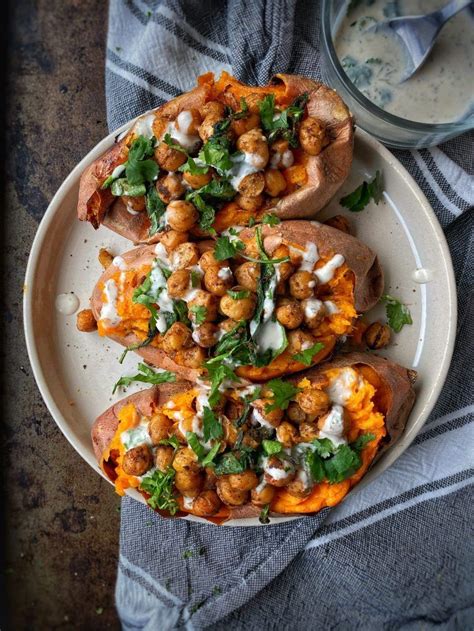 Roasted Sweet Potatoes With Schawarma Chickpeas In 2020 Roasted Sweet