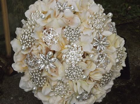 Brooch Bouquet With Ivory Hydrangeas Pearls And Swarovski Crystals