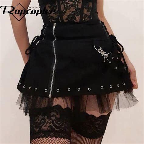 Rapcopter Y2k Bandage Pleated Skirts Women Goth Black Patchwork Vintage